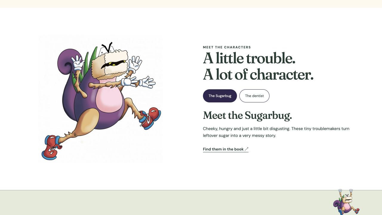 Open Wide website showing the illustrated Sugarbug character and character tabs